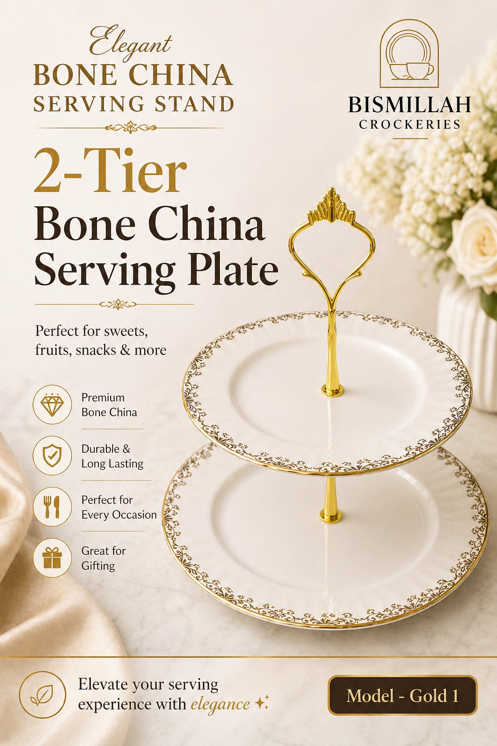 Shinepukur Bone China 2-Layer Fruit Stand (Model – Gold 1)