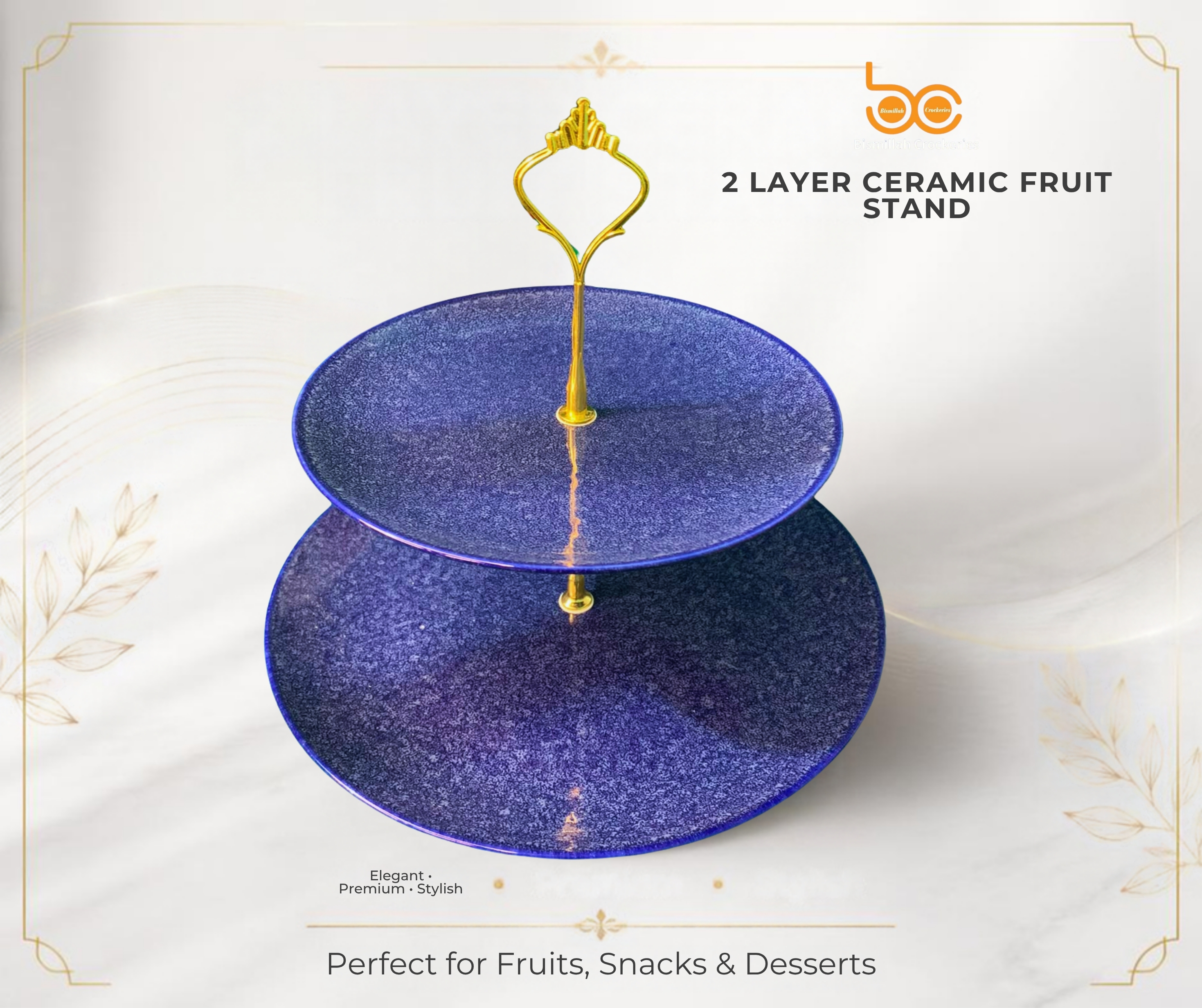 Two Layer Blue Color Ceramic Marble Design Fruit Stand Model- 12