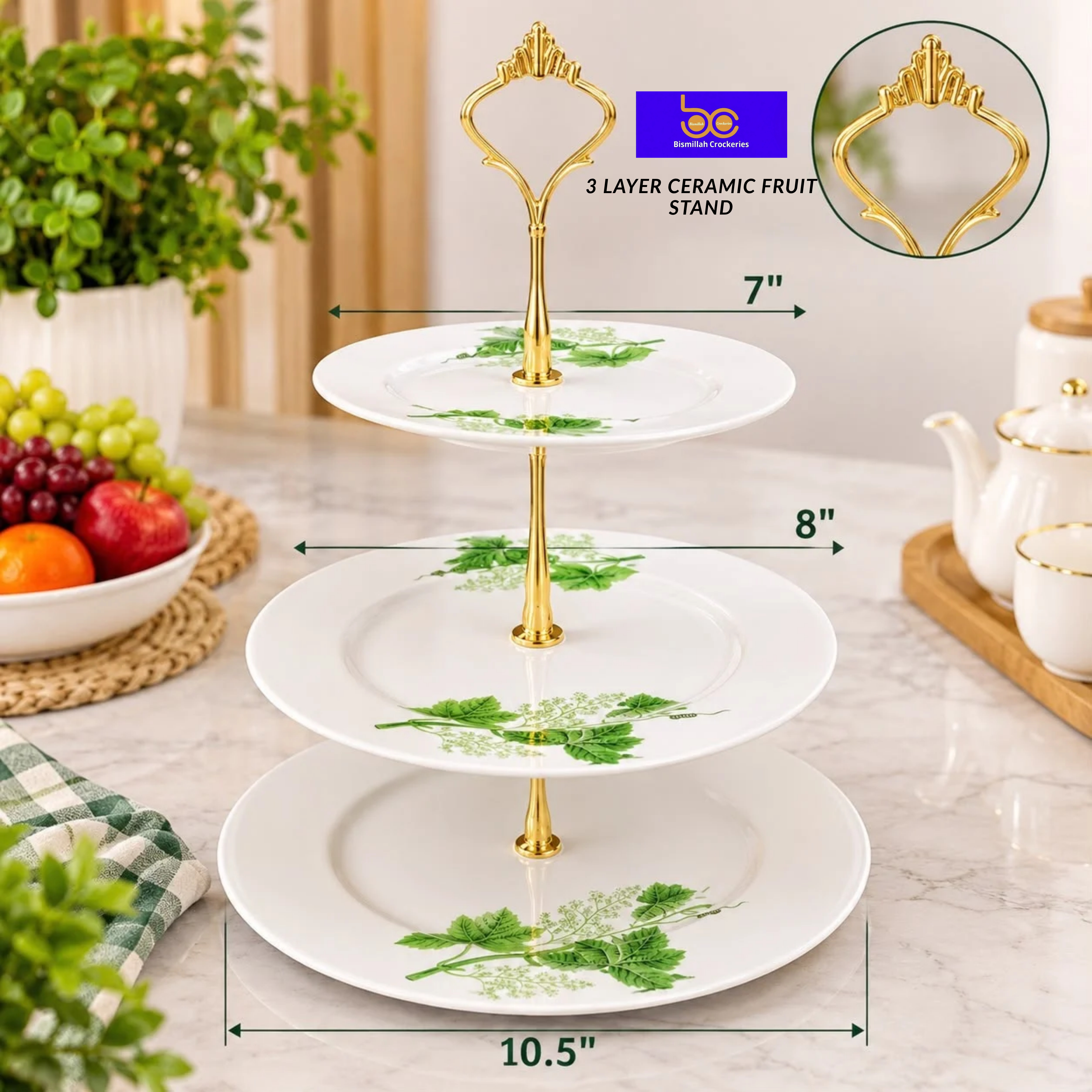 Three Layer Fruit Stand-White  Green (Model- 7)