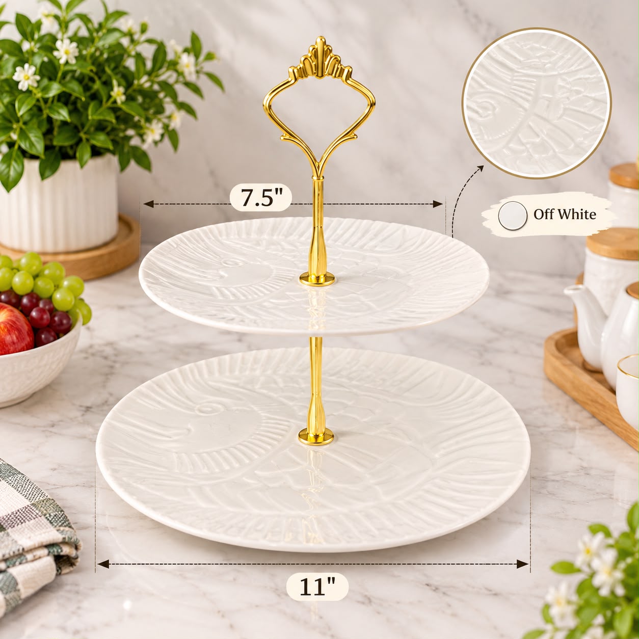 Off-White Ceramic 2-Tier Fruit Stand - Model 12